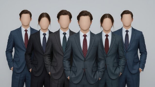 A group of people in business suits with invisible faces, symbolizing teamwork and corporate culture.
