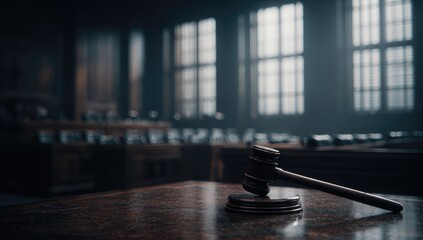 Dark, moody courtroom; gavel rests on polished wood, large windows behind, suggesting justice, authority, and somber proceedings