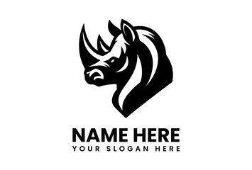 Powerful black silhouette vector logo of a rhinoceros with prominent horn representing strength and wildlife conservation