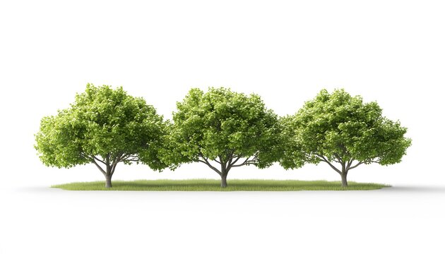 Three trees on a grassy patch against a white background.