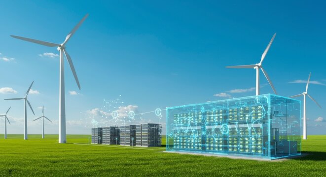 Green energy data center with wind turbines.  Sustainable computing