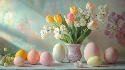 Easter eggs and tulips in vase on table, pastel colors, light, spring flowers, Easter decoration