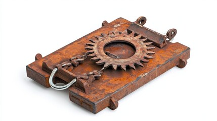 Rusted medieval trap with sharp spikes and teeth, on a white background