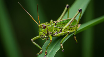 Fototapeta premium Green Grasshopper on a Leaf - Detailed Macro AI Illustration