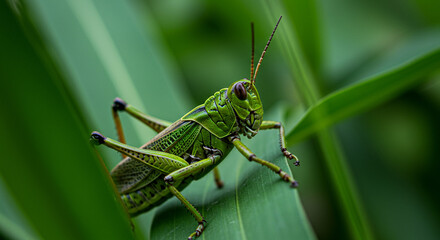 Green Grasshopper on a Leaf - Detailed Macro AI Illustration