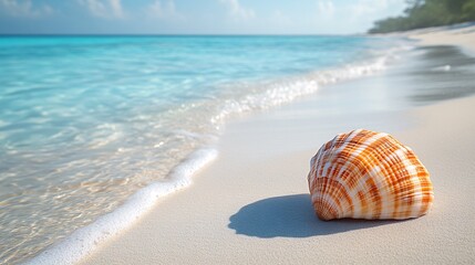 Serene Action Shot of Seashell on Beach, Tropical Paradise, Nature Photography, Calm Environment, Close-up View