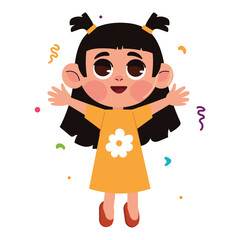 Joyful Girl's Embrace: A cheerful young girl, filled with infectious happiness, joyfully raises her arms in a welcoming embrace. A celebration of childhood.