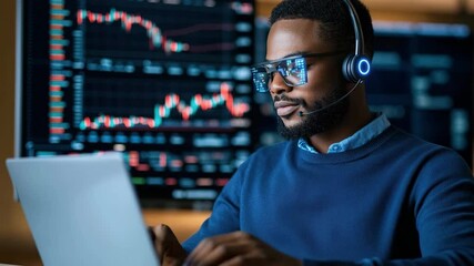 Young man wearing headset and glasses working laptop modern office, analyzing finance and business data with digital stock market charts reflecting his glasses, showcasing technology and professional - Powered by Adobe