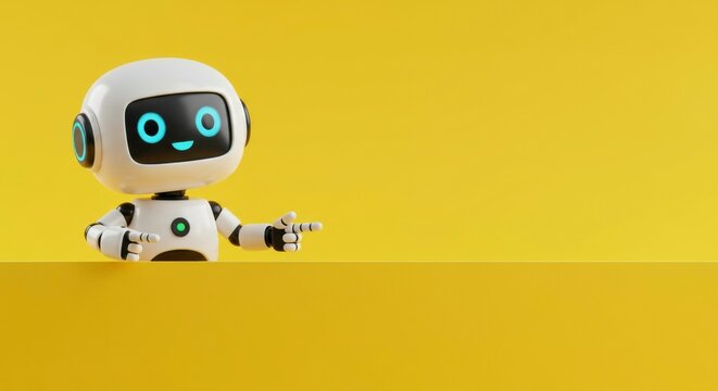 Friendly robot points to a yellow banner, offering space for text or images