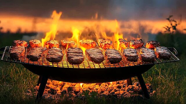 Delicious grilled burgers sizzling over open flames at a backyard barbecue party