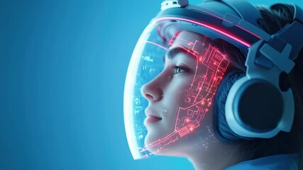 Futuristic woman with transparent visor helmet and glowing digital interface, showcasing technology innovation and immersive cyber concept, advanced headset device, blue background, modern design - Powered by Adobe