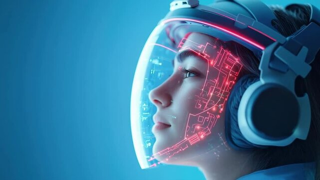 Futuristic woman with transparent visor helmet and glowing digital interface, showcasing technology innovation and immersive cyber concept, advanced headset device, blue background, modern design
