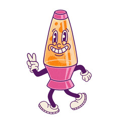 Cartoon lava lamp is walking on transparent bg, flashing peace sign with gloved hand