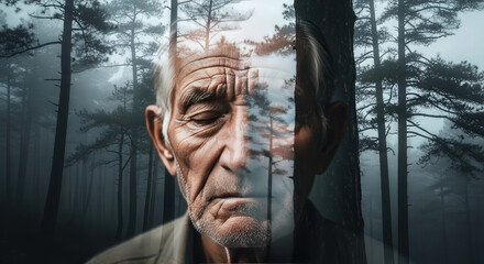 Elderly Man with Wrinkled Face and Short Hair in Forest Scene