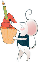 Cartoon mouse is holding cupcake with lit candle in flat design, transparent background