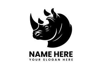Powerful black silhouette vector logo of a rhinoceros with prominent horn representing strength and wildlife conservation