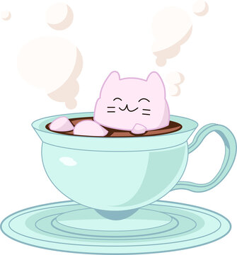 Fototapeta Pastel art is showing pink cat marshmallow floating in cup, steam bubbles on transparent background