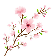 Flat artwork is showing branch having pink blooms, red buds, green leaves, transparent background