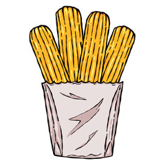 Churro sticks are standing upright in white paper pouch, hand-drawn style on transparent background