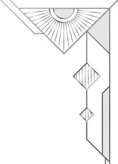 Abstract metallic corner ornament is gleaming on transparent backdrop, with fan rays and diamonds