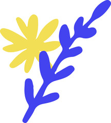 Flat design is featuring yellow daisy bloom behind blue leaf branch, transparent background