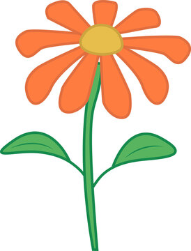 Fototapeta Cartoon-style orange flower is blooming on transparent backdrop with yellow center and green leaves