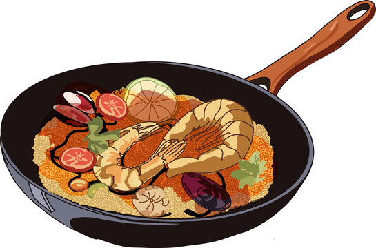 Seafood paella is being shown in flat design with skillet, shrimp, mussels, transparent background