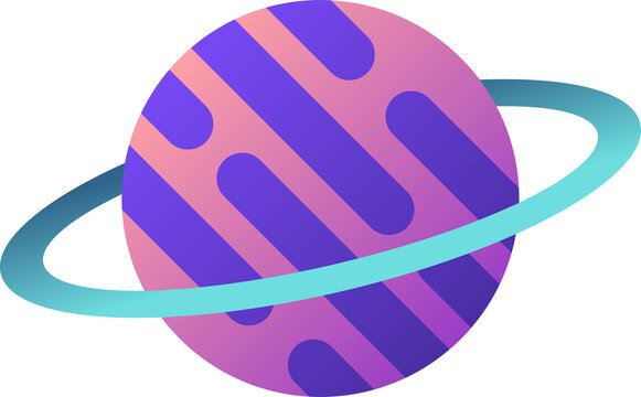 Naklejki Flat-design planet is floating with purple striped sphere and teal ring on transparent background