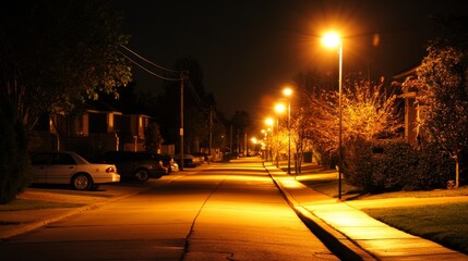 A quiet suburban street lined with warm streetlights, their glow casting gentle shadows on the sidewalks and parked cars at night.