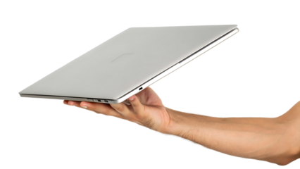 Silver laptop computer held in hand isolated on a white background png generated ai