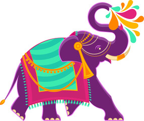Vector purple elephant is wearing teal-magenta saddle with tassels and droplets, transparent backgro
