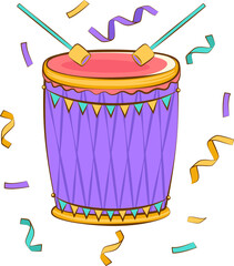Purple drum is featuring pennants and crossing drumsticks in flat design on transparent background