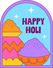 Fototapeta premium Showing flat Holi orange-purple bowls in purple arch, HAPPY HOLI and stars, transparent copy space