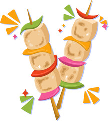 Two skewers are showing cubes, rainbow slices, sparkling bursts in cartoon, transparent background