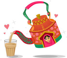 Flat tea kettle is pouring into glass with folk-art portrait and hearts on transparent background