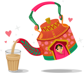 Flat tea kettle is pouring into glass with folk-art portrait and hearts on transparent background