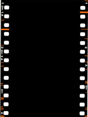 Film border is showing flat look with sprockets, labels, orange edges, clear background, copy space