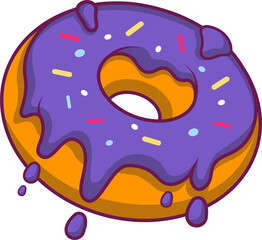 Cartoon-style donut is showing dripping purple icing with multicolor sprinkles on clear background