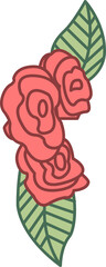 Displaying three stylized flat coral-red rose blooms with veined leaves on transparent background