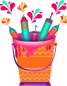 Fototapeta Patterned bucket is holding five colorful tubes with splashes in vector, transparent backdrop