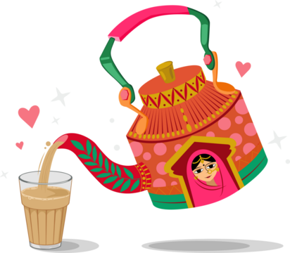 Flat tea kettle is pouring into glass with folk-art portrait and hearts on transparent background