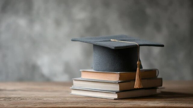 Educational Pursuit: A mortarboard rests on a stack of textbooks, evoking the essence of academia, knowledge, and the pursuit of higher education. The composition is simple and elegant.