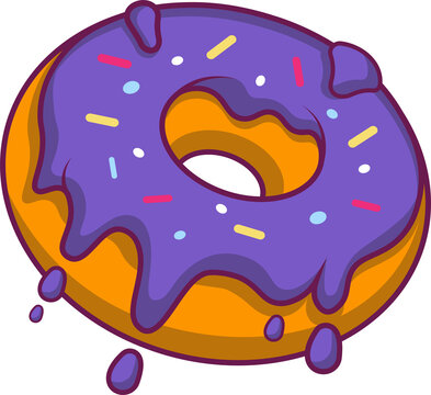 Naklejki Cartoon-style donut is showing dripping purple icing with multicolor sprinkles on clear background