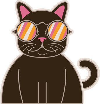 Fototapeta Flat design showing brown cat wearing striped orange pink white sunglasses transparent background