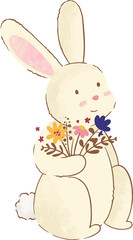 Cartoon rabbit is sitting in watercolor style with wildflower bouquet, transparent background
