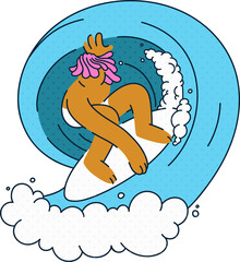 Surfer crouching on white surfboard in curling turquoise wave with foam, transparent background