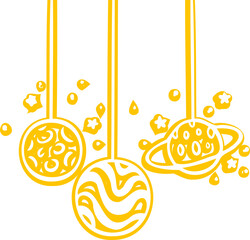 Fototapeta premium Stylized hanging orbs are floating on transparent backdrop with swirls waves rings stars drops