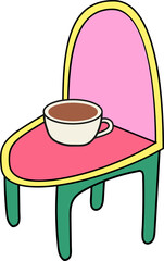 Whimsical colorful chair is holding coffee cup on transparent background, flat design illustration