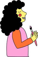 Naklejka premium Cartoon artist is painting with pink paintbrush tip in flat cartoon style, transparent background