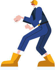 Industrial worker is lunging in flat vector with yellow hard hat and boots, transparent background